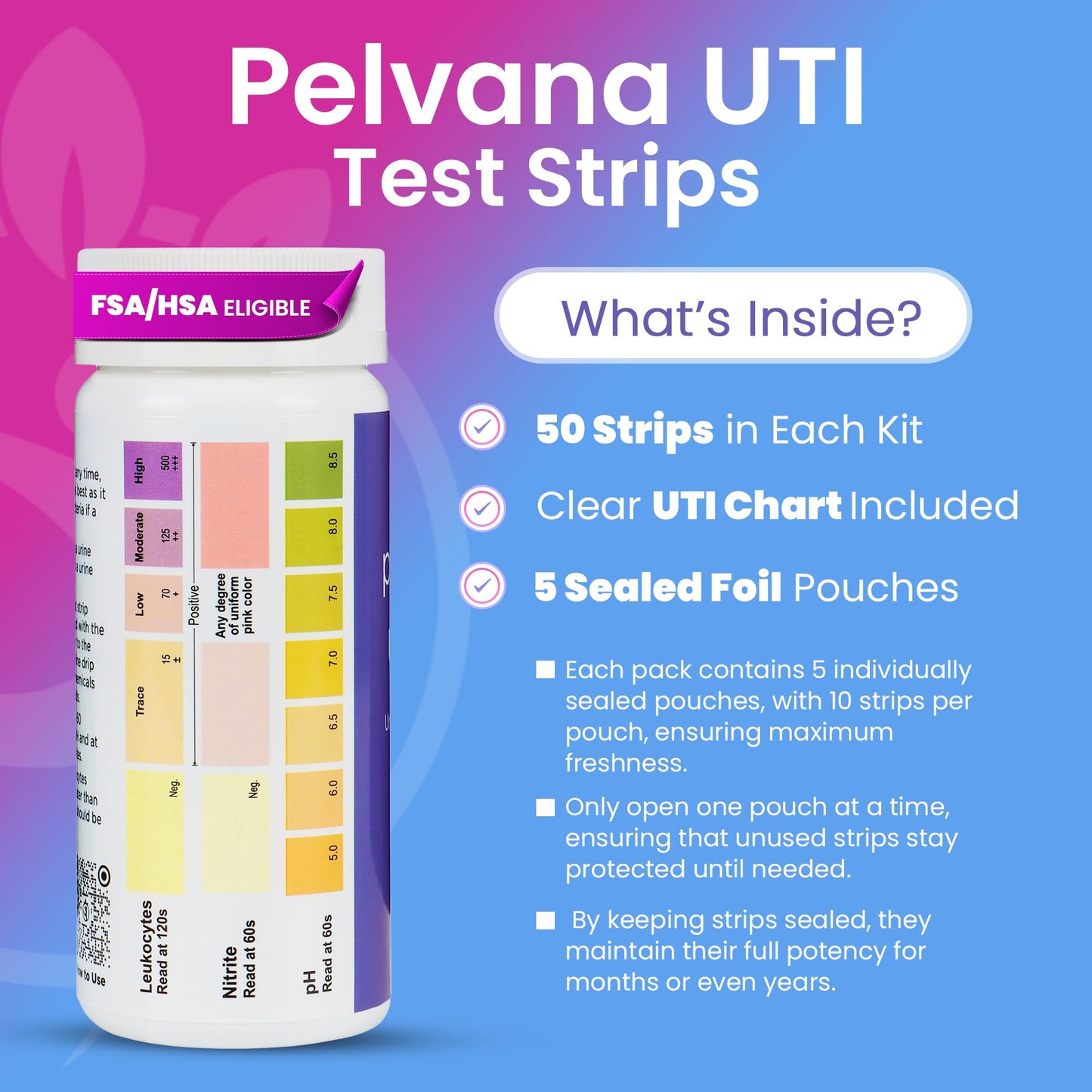 Pelvana UTI Test Strips for Women - 50-Count, 3-Parameter Nitrite, Leukocytes & pH, At-Home UTI Testing