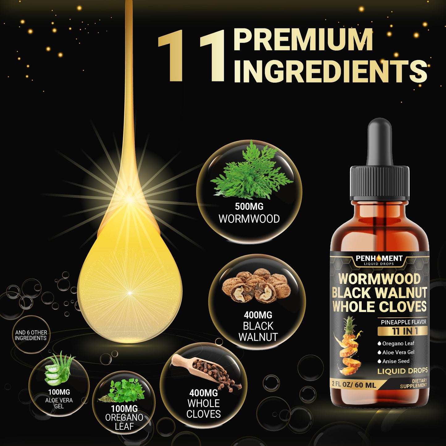 Penhoment 11in1 2100mg Wormwood Drops Pineapple Flavor - 2 oz | 60 Day Supply
