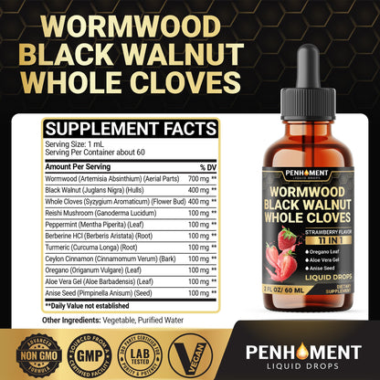 Penhoment 11in1 Wormwood Liquid Drops - 2 FL OZ Strawberry Flavor | Black Walnut, Cloves, Reishi & More