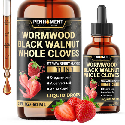 Penhoment 11in1 Wormwood Liquid Drops - 2 FL OZ Strawberry Flavor | Black Walnut, Cloves, Reishi & More