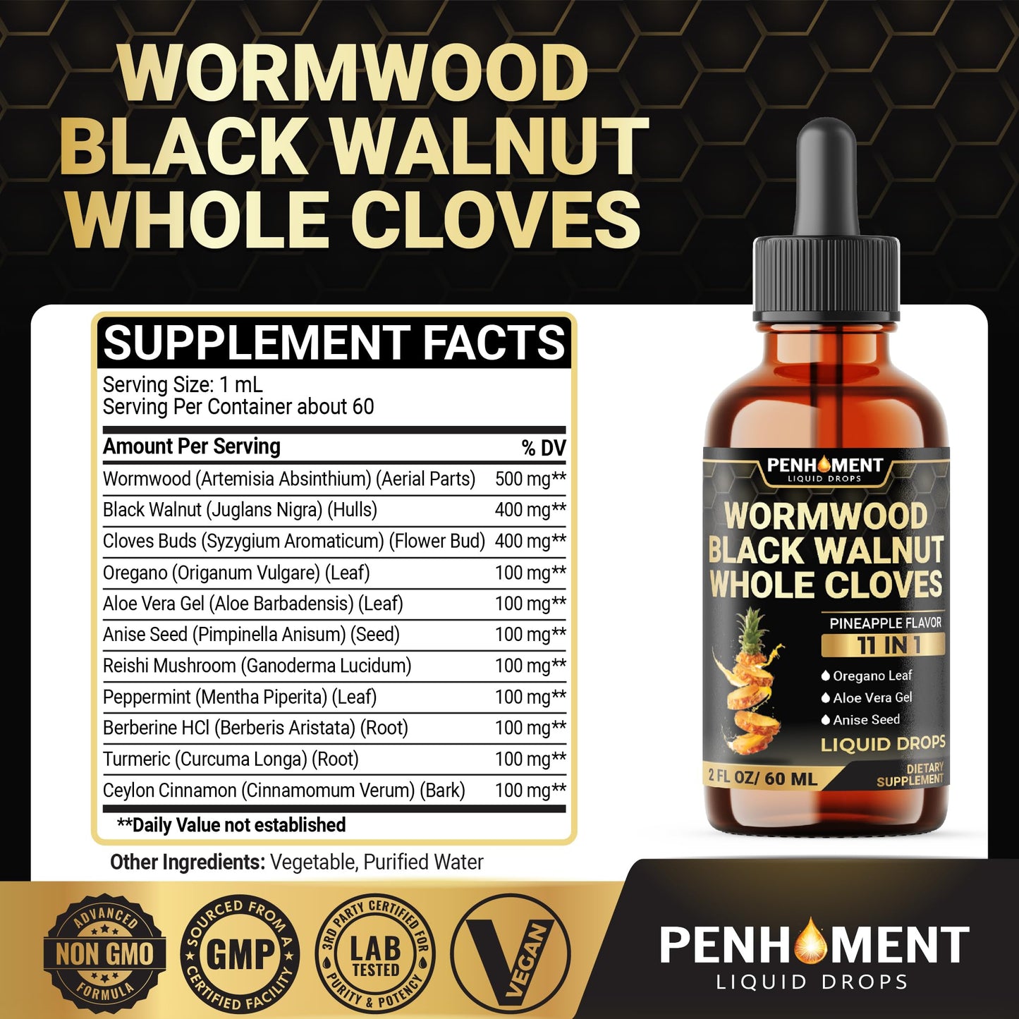 Penhoment 11in1 2100mg Wormwood Drops Pineapple Flavor - 2 oz | 60 Day Supply