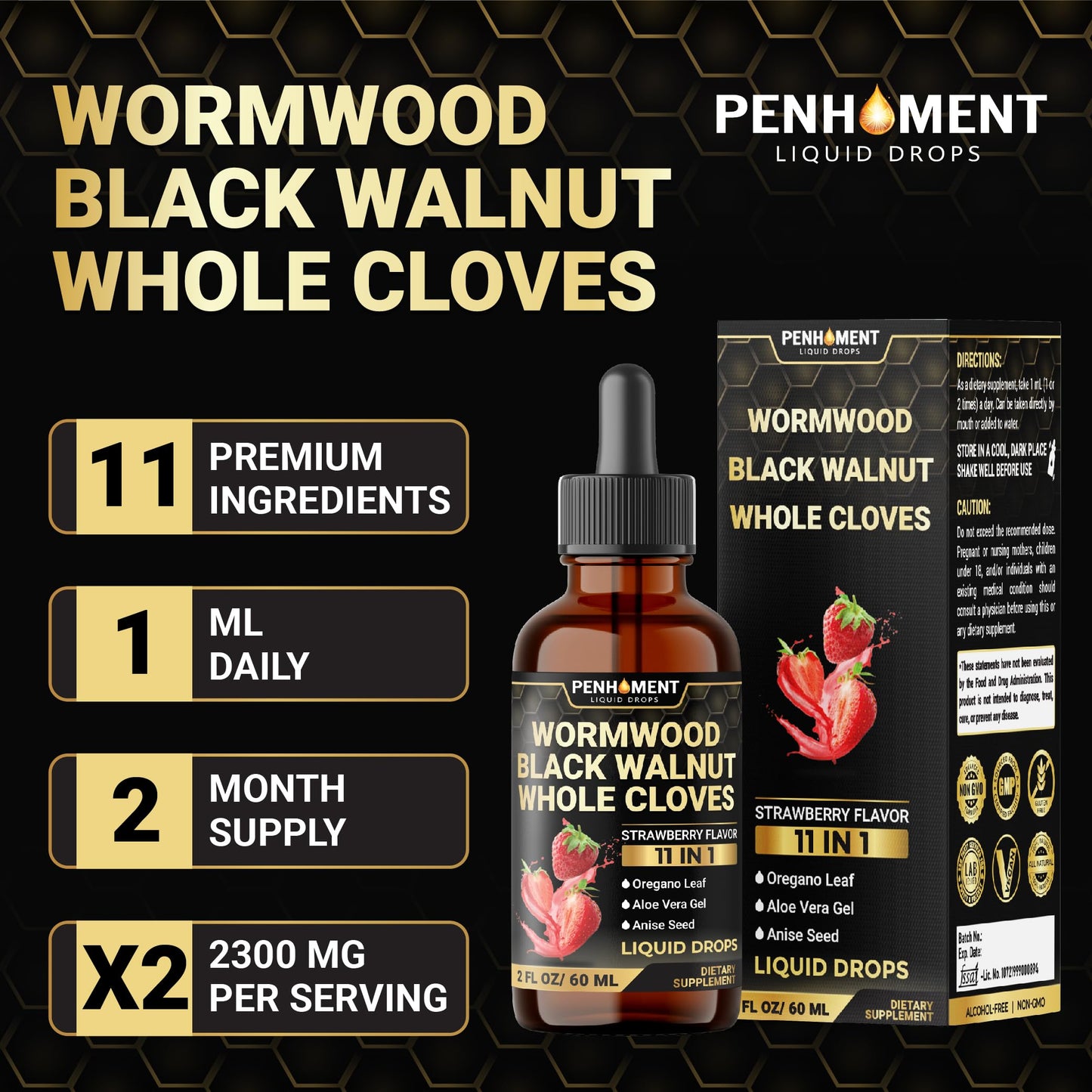 Penhoment 11in1 Wormwood Liquid Drops - 2 FL OZ Strawberry Flavor | Black Walnut, Cloves, Reishi & More