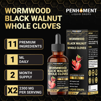 Penhoment 11in1 Wormwood Liquid Drops - 2 FL OZ Strawberry Flavor | Black Walnut, Cloves, Reishi & More