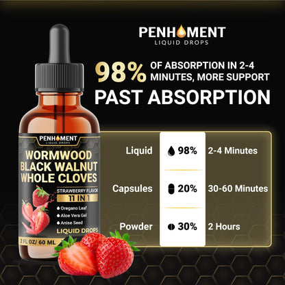 Penhoment 11in1 Wormwood Liquid Drops - 2 FL OZ Strawberry Flavor | Black Walnut, Cloves, Reishi & More