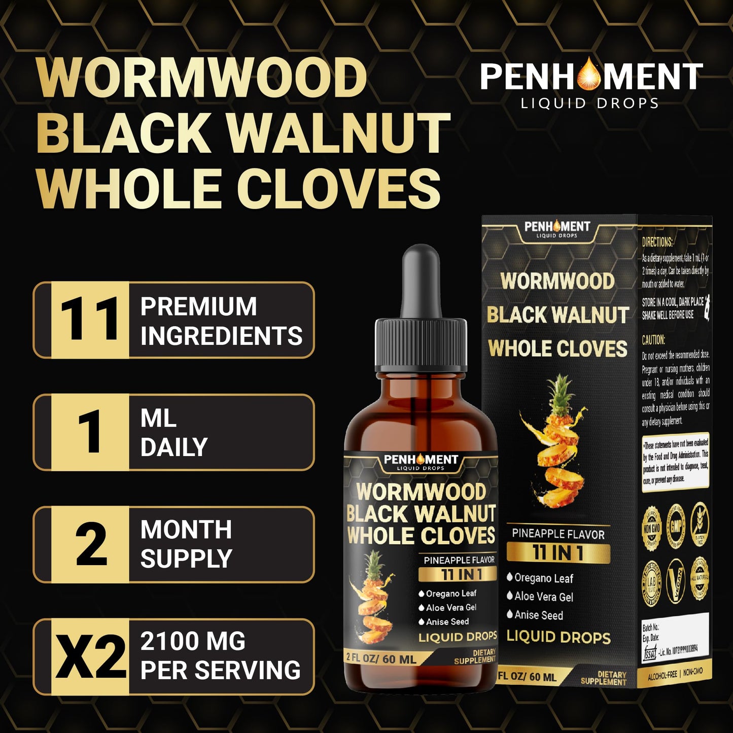 Penhoment 11in1 2100mg Wormwood Drops Pineapple Flavor - 2 oz | 60 Day Supply
