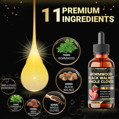 Penhoment 11in1 Wormwood Liquid Drops - 2 FL OZ Strawberry Flavor | Black Walnut, Cloves, Reishi & More