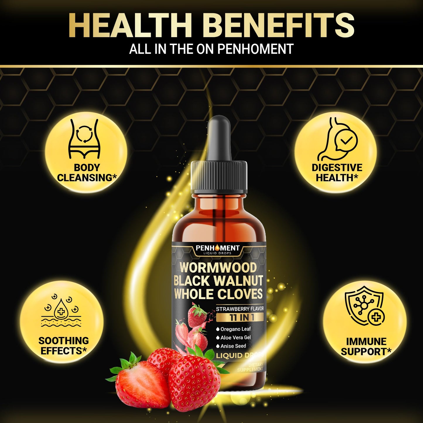 Penhoment 11in1 Wormwood Liquid Drops - 2 FL OZ Strawberry Flavor | Black Walnut, Cloves, Reishi & More