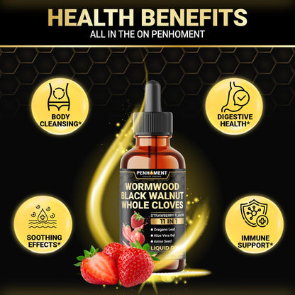 Penhoment 11in1 Wormwood Liquid Drops - 2 FL OZ Strawberry Flavor | Black Walnut, Cloves, Reishi & More