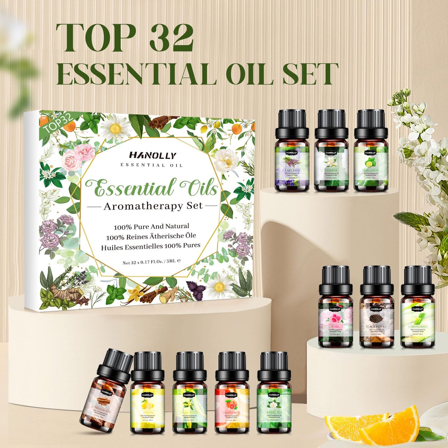 Essential Oils Set 32x5ml - Aromatherapy Kit for Diffuser & Spa