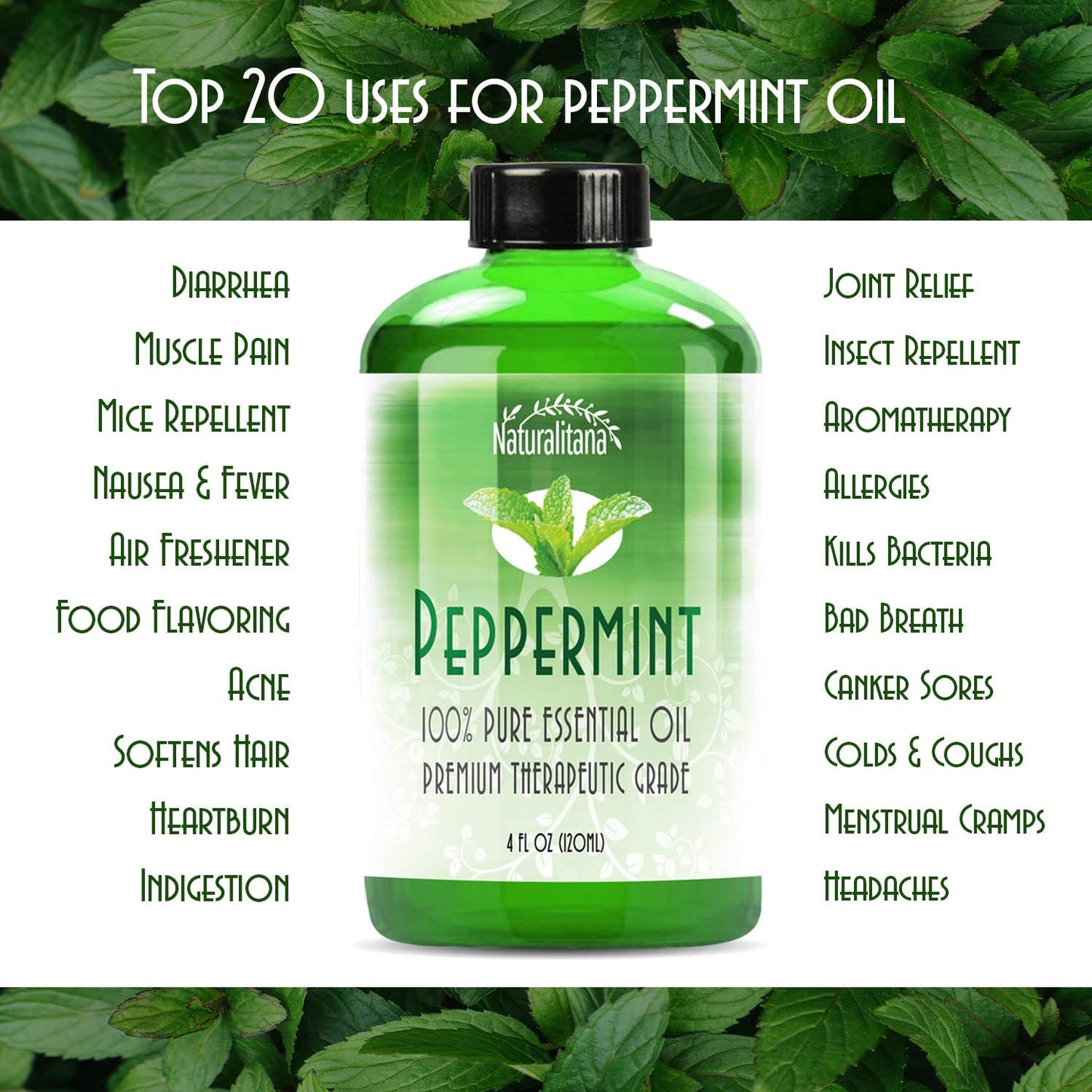 Naturalitana Peppermint Essential Oil – Therapeutic Grade, 4 oz Bottle with Dropper