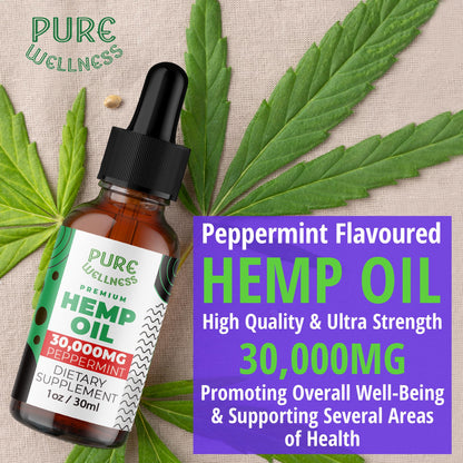 Organic Hemp Seed Oil (4 Oz) Peppermint, High Potency 30,000 mg | Non-GMO, Vegan