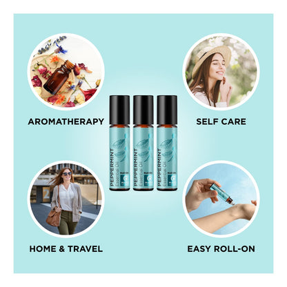 Peppermint Oil Roll-On | Pure Peppermint Essential Oil Rollerball for Headaches, Focus & Energy (3 Pack)