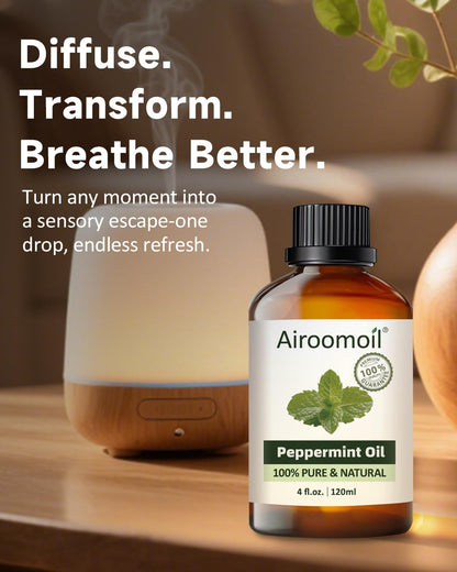 Airoomoil Pure Peppermint Essential Oil - 4 Fl Oz (120 ml), 100% Natural, Premium Grade for Diffusers, Skin Care & Aromatherapy