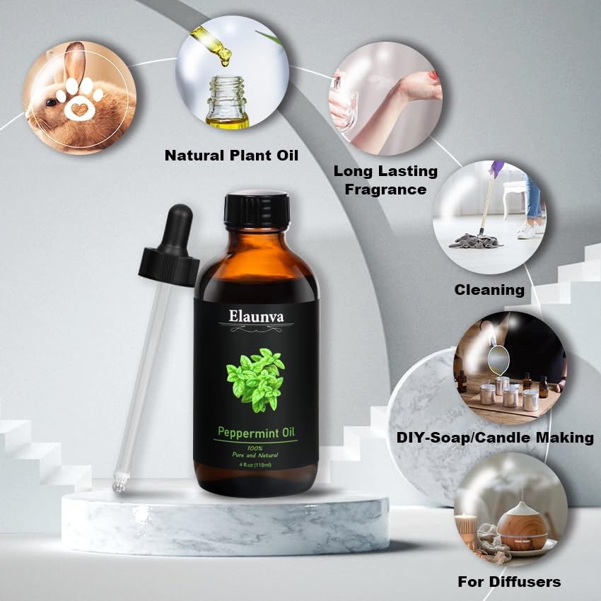 Elaunva Peppermint Essential Oil - 4 oz / 118 ml | 100% Pure & Natural for Aromatherapy, Diffusers, Candles & Soaps