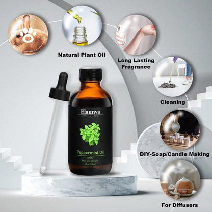 Elaunva Peppermint Essential Oil - 4 oz / 118 ml | 100% Pure & Natural for Aromatherapy, Diffusers, Candles & Soaps
