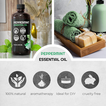 Peppermint Essential Oil 16oz – Organic, Diffuser Aromatherapy, Hair Growth, Skin, Soap Making & Laundry