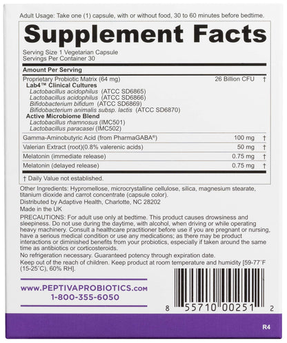 Peptiva 26B CFU Probiotic + Sleep Support – Clinically Validated Multi-Strain (30 Count)