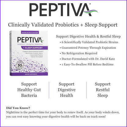 Peptiva 26B CFU Probiotic + Sleep Support – Clinically Validated Multi-Strain (30 Count)