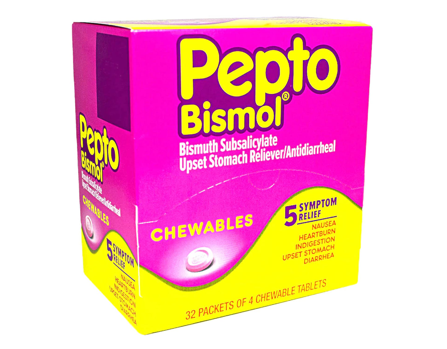 Pepto Bismol Chewables Dispenser – 32 Packs of 4 | Quick Digestive Relief & Symptom Support