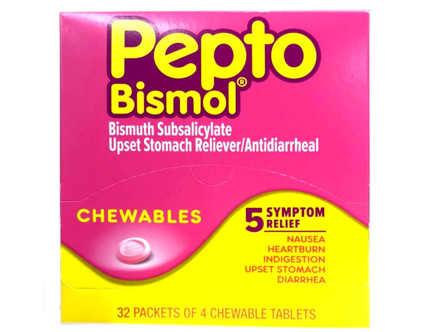 Pepto Bismol Chewables Dispenser – 32 Packs of 4 | Quick Digestive Relief & Symptom Support
