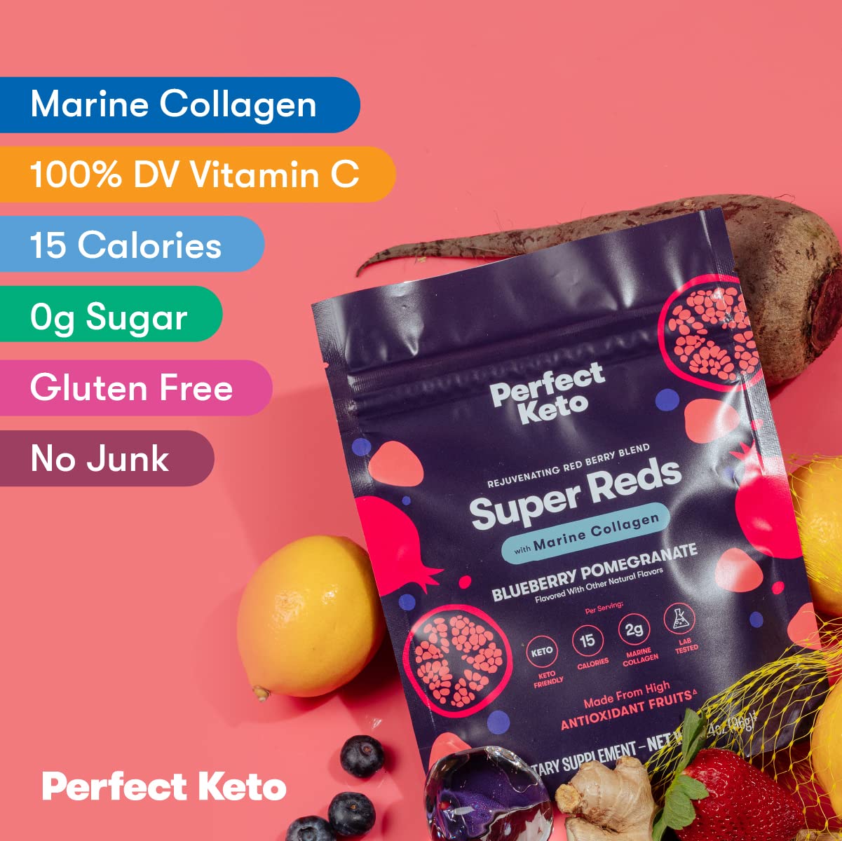 Perfect Keto Super Reds Superfood Powder – Antioxidants & Marine Collagen, 20 Servings