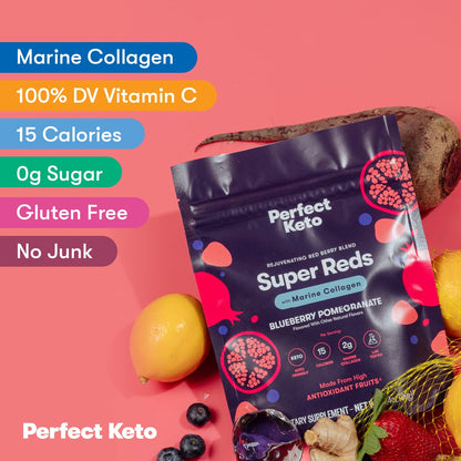 Perfect Keto Super Reds Superfood Powder – Antioxidants & Marine Collagen, 20 Servings