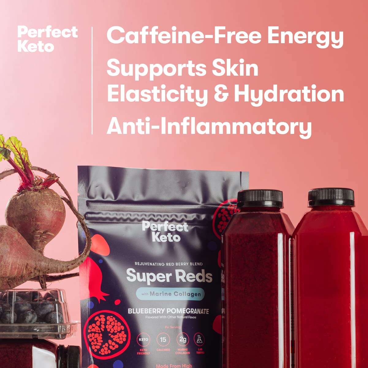 Perfect Keto Super Reds Superfood Powder – Antioxidants & Marine Collagen, 20 Servings