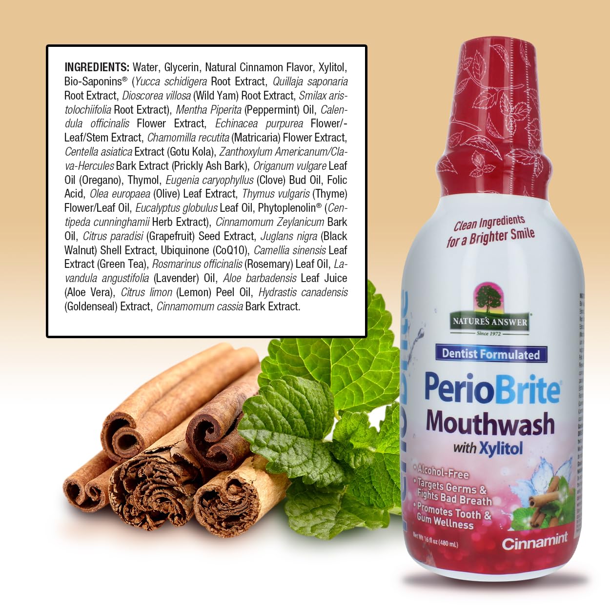 Nature's Answer PerioBrite Cinnamon Mouthwash 16 oz - Alcohol-Free, Whitens Teeth, Fresh Breath (2 Pack)