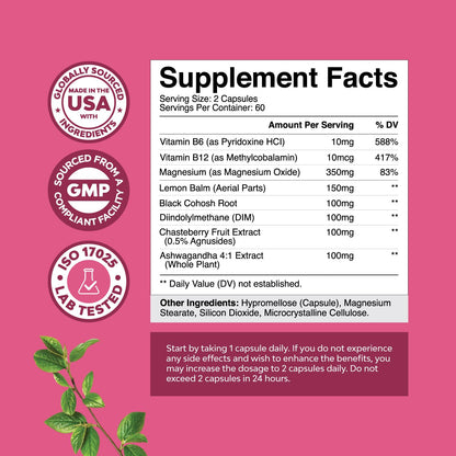 PMS Support for Women | Hormone Balance & Menstrual Comfort (DIM, Chasteberry, Black Cohosh, Ashwagandha) – 120 Ct