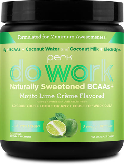 Perk Do Work BCAAs+ Mojito Lime Creme – 20 Servings, Gluten-Free, Soy-Free