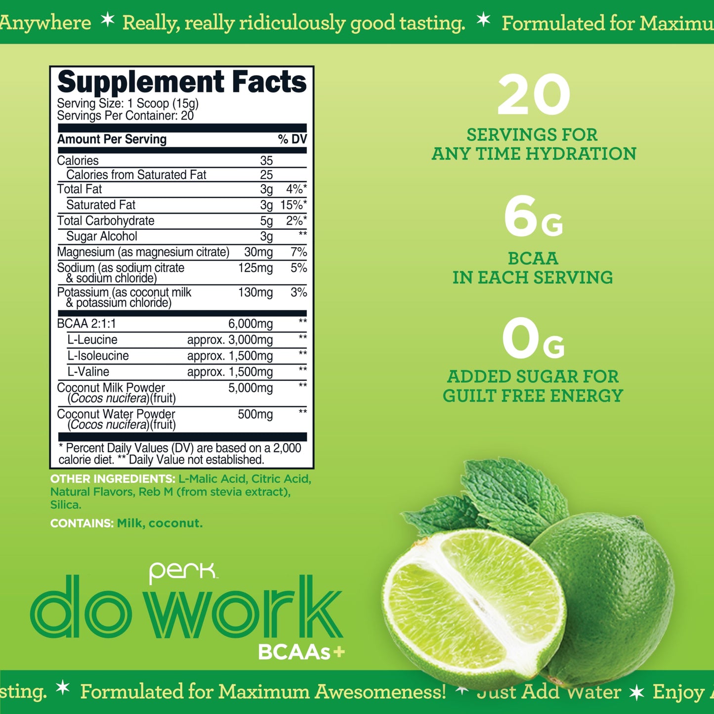 Perk Do Work BCAAs+ Mojito Lime Creme – 20 Servings, Gluten-Free, Soy-Free