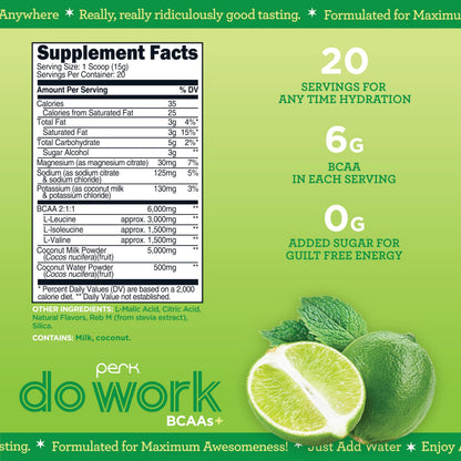 Perk Do Work BCAAs+ Mojito Lime Creme – 20 Servings, Gluten-Free, Soy-Free