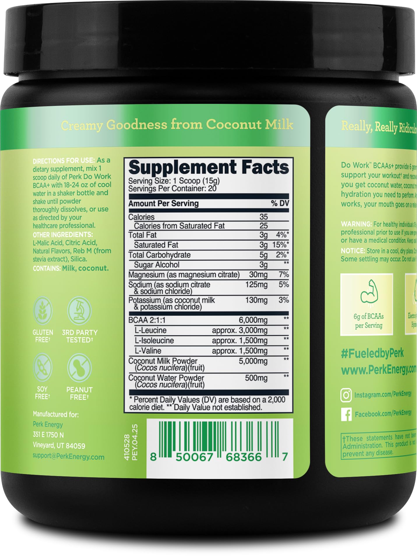 Perk Do Work BCAAs+ Mojito Lime Creme – 20 Servings, Gluten-Free, Soy-Free