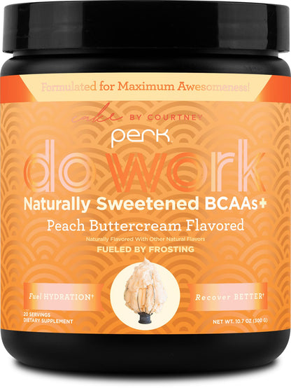 Perk Do Work Naturally Sweetened BCAAs+ Peach Buttercream Flavored (20 Servings) - Gluten-Free, Soy-Free, Peanut-Free, with Coconut Water, Coconut Milk, and Electrolytes