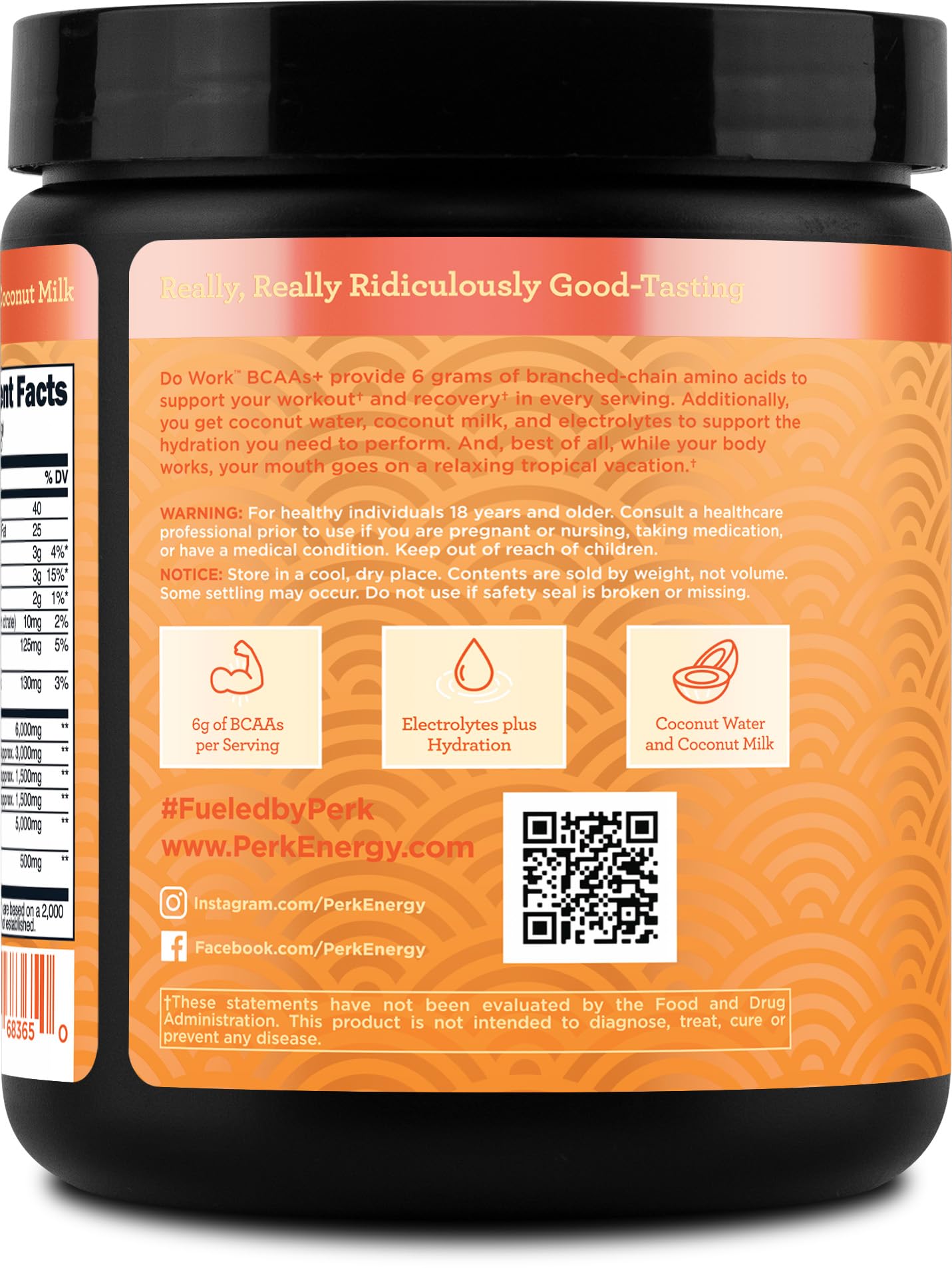 Perk Do Work Naturally Sweetened BCAAs+ Peach Buttercream Flavored (20 Servings) - Gluten-Free, Soy-Free, Peanut-Free, with Coconut Water, Coconut Milk, and Electrolytes