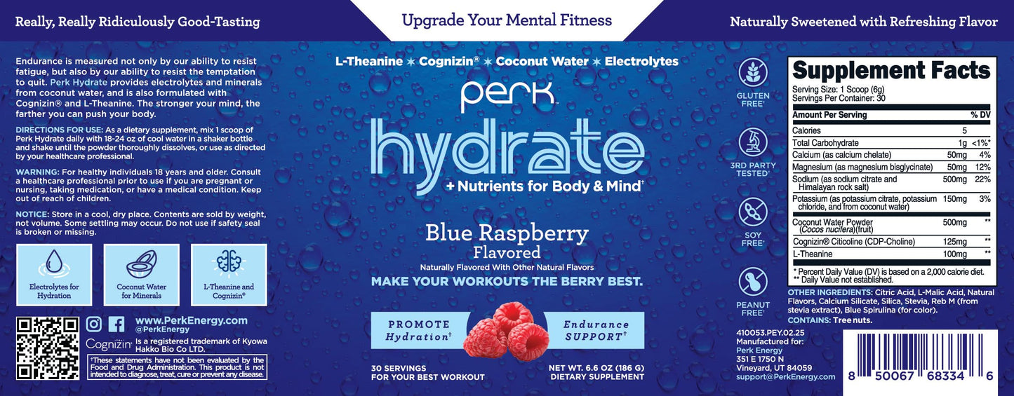Perk Hydrate Blue Raspberry Electrolyte Drink Mix (30 Servings) - Gluten Free