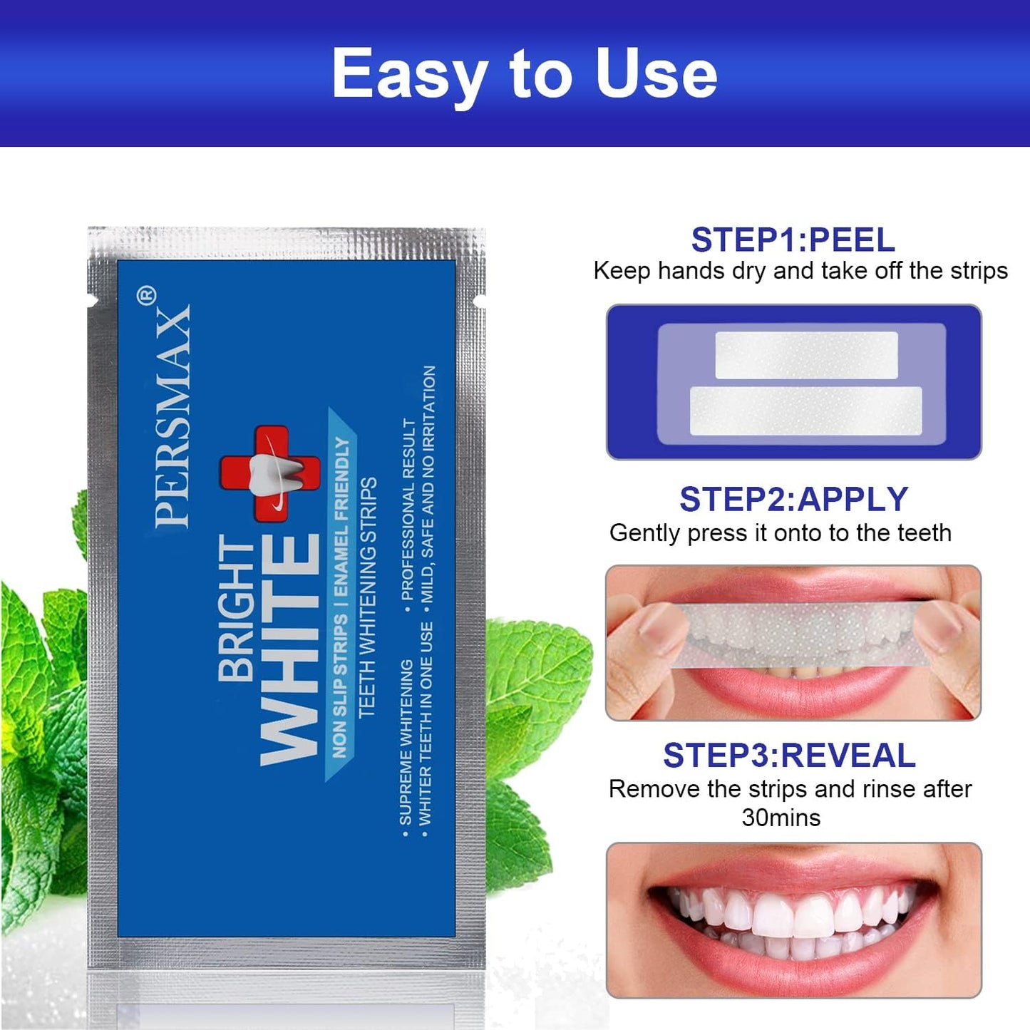 PERSMAX Teeth Whitening Strips – Dentist-Approved, Gum-Safe, 28 Non-Slip Strips Kit (14 Treatments) | 30-Min Express Whitening