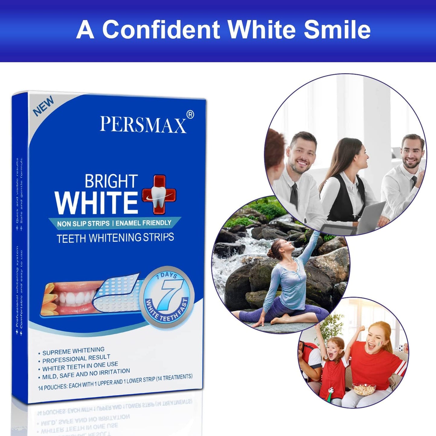 PERSMAX Teeth Whitening Strips – Dentist-Approved, Gum-Safe, 28 Non-Slip Strips Kit (14 Treatments) | 30-Min Express Whitening