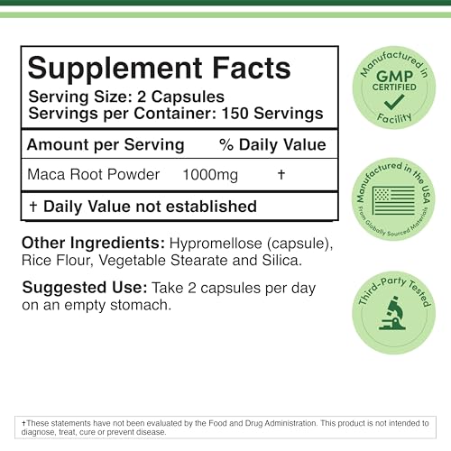 Maca Root Capsules for Women & Men – 300 Count, 1,000mg per Serving | Peru-grown Maca Powder | Double Wood