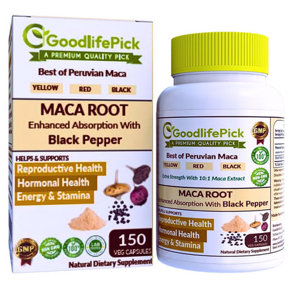 Peruvian Maca Root Capsules 150 ct – Yellow, Red & Black Maca + Black Pepper