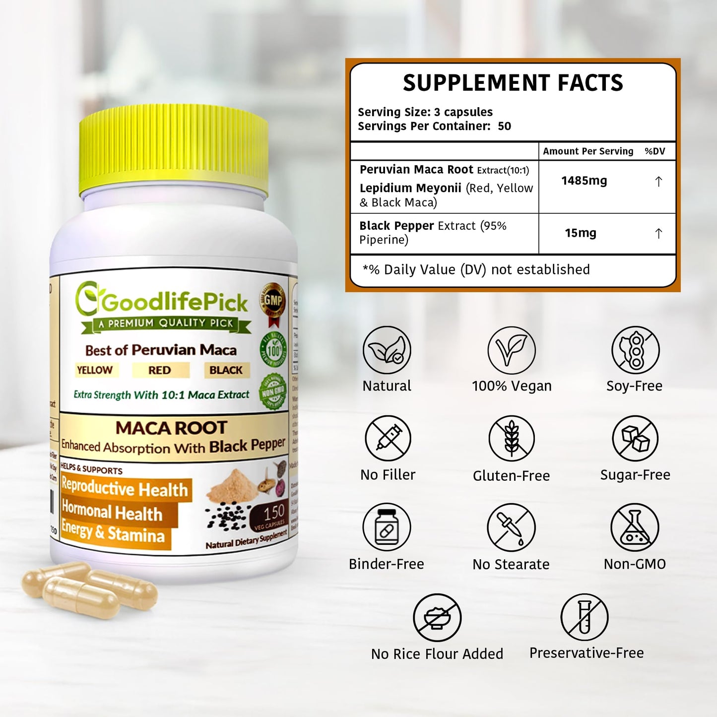 Peruvian Maca Root Capsules 150 ct – Yellow, Red & Black Maca + Black Pepper