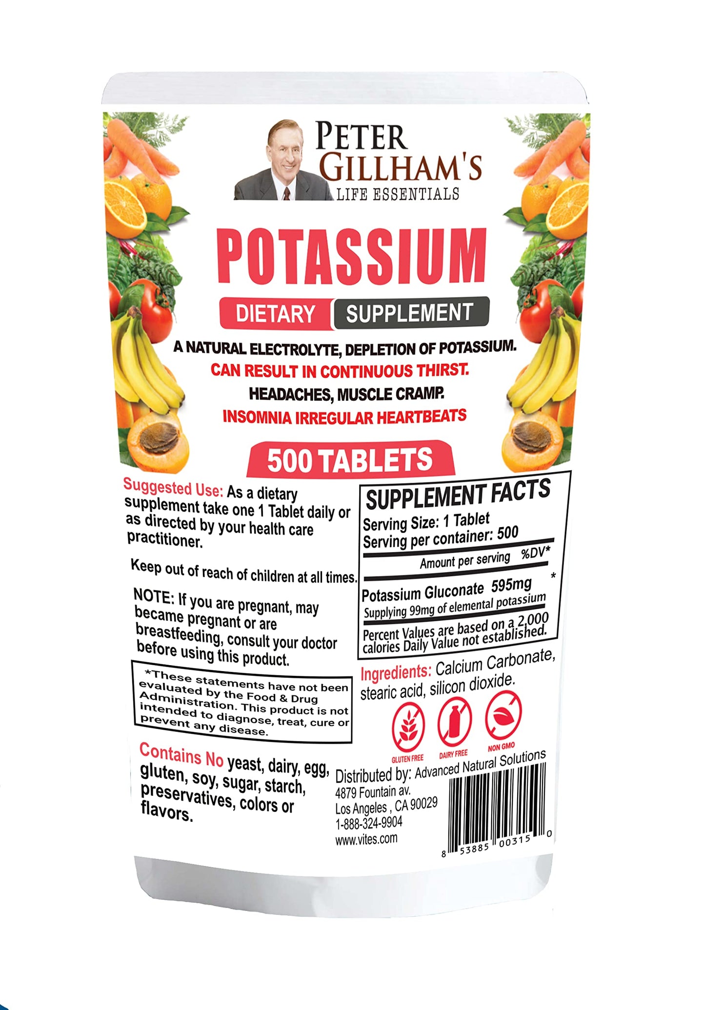Peter Gillham’s Life Essentials Potassium Gluconate tablets 595mg, 500 Tablets, Support Electrolyte Balance, Made in USA (Package May Vary)