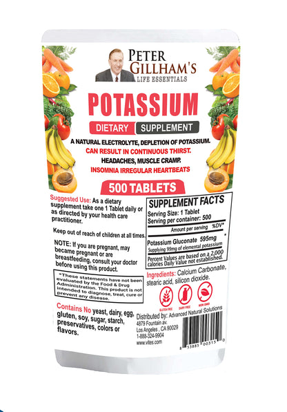 Peter Gillham’s Life Essentials Potassium Gluconate tablets 595mg, 500 Tablets, Support Electrolyte Balance, Made in USA (Package May Vary)