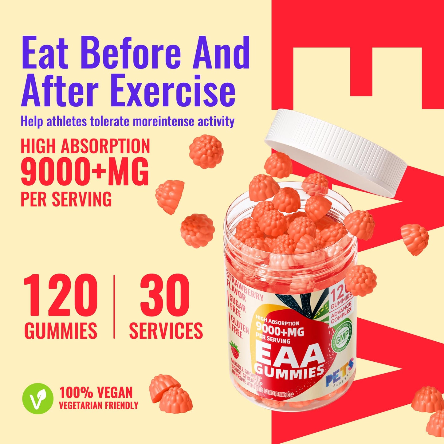 Pets Purest EAA Gummies 120 Strawberry – All 9 EAAs & BCAAs
