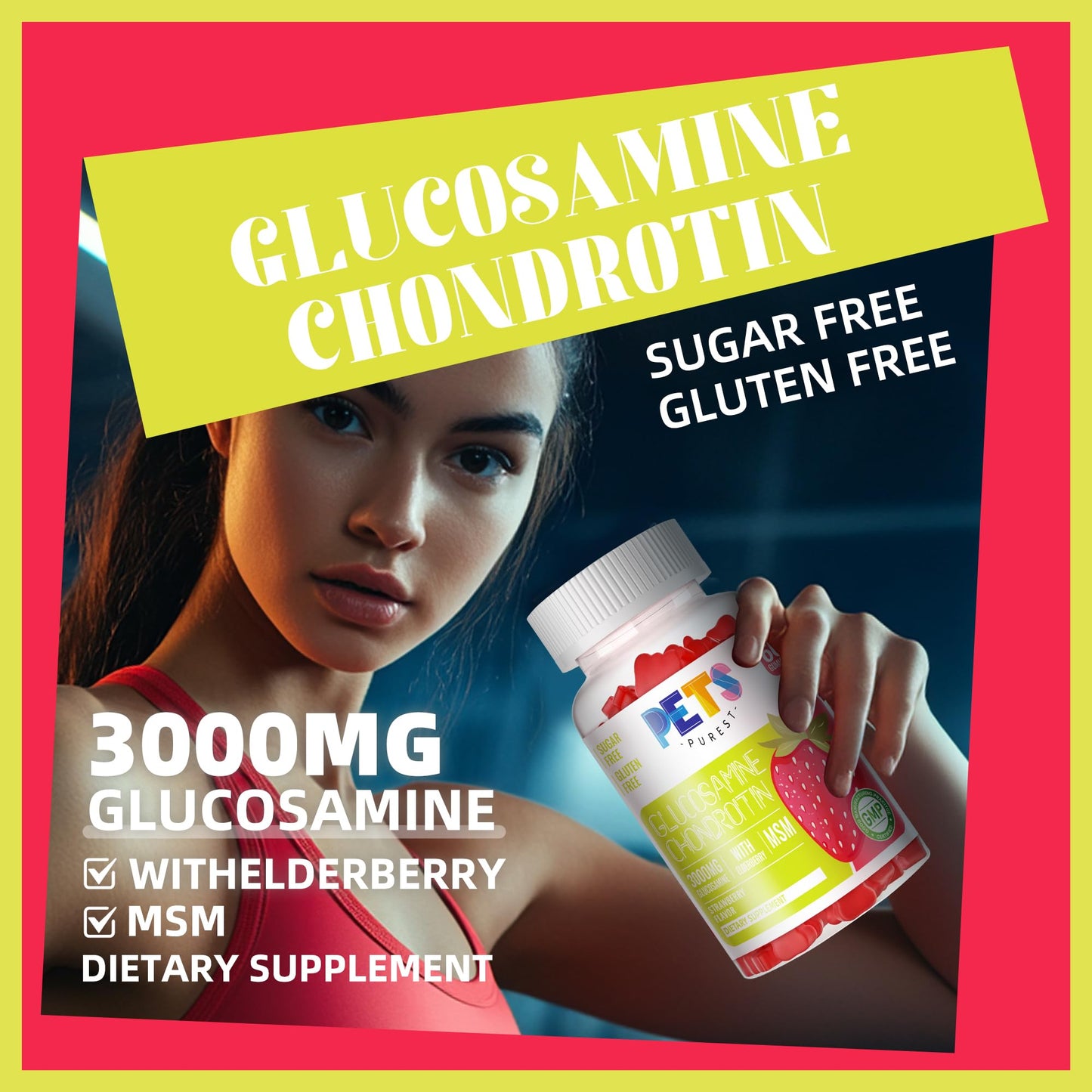 Pets Purest Glucosamine Chondroitin Gummies with MSM & Elderberry Extra Strength - Joint Support, Antioxidant Immune Support Supplement for Adults, Men & Women.(2 Pack) Strawberry