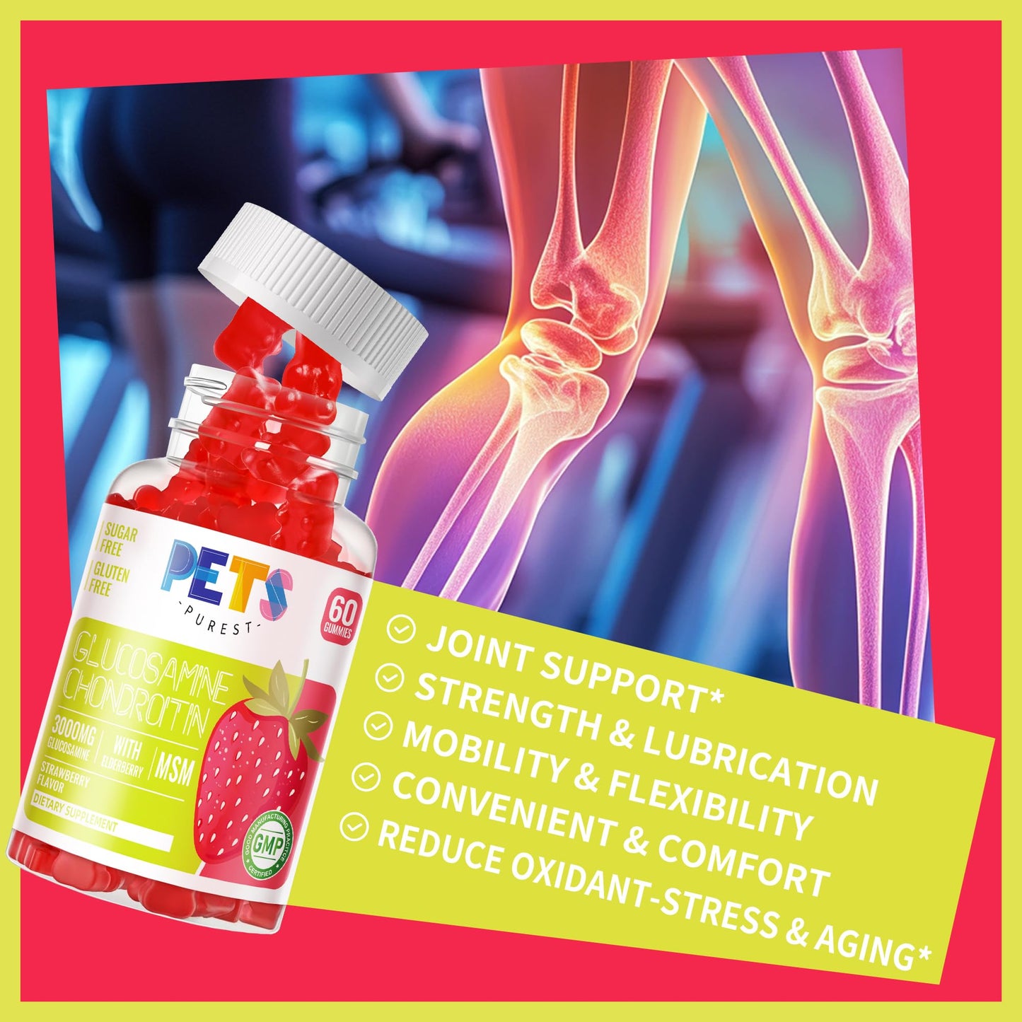 Pets Purest Glucosamine Chondroitin Gummies with MSM & Elderberry Extra Strength - Joint Support, Antioxidant Immune Support Supplement for Adults, Men & Women.(2 Pack) Strawberry