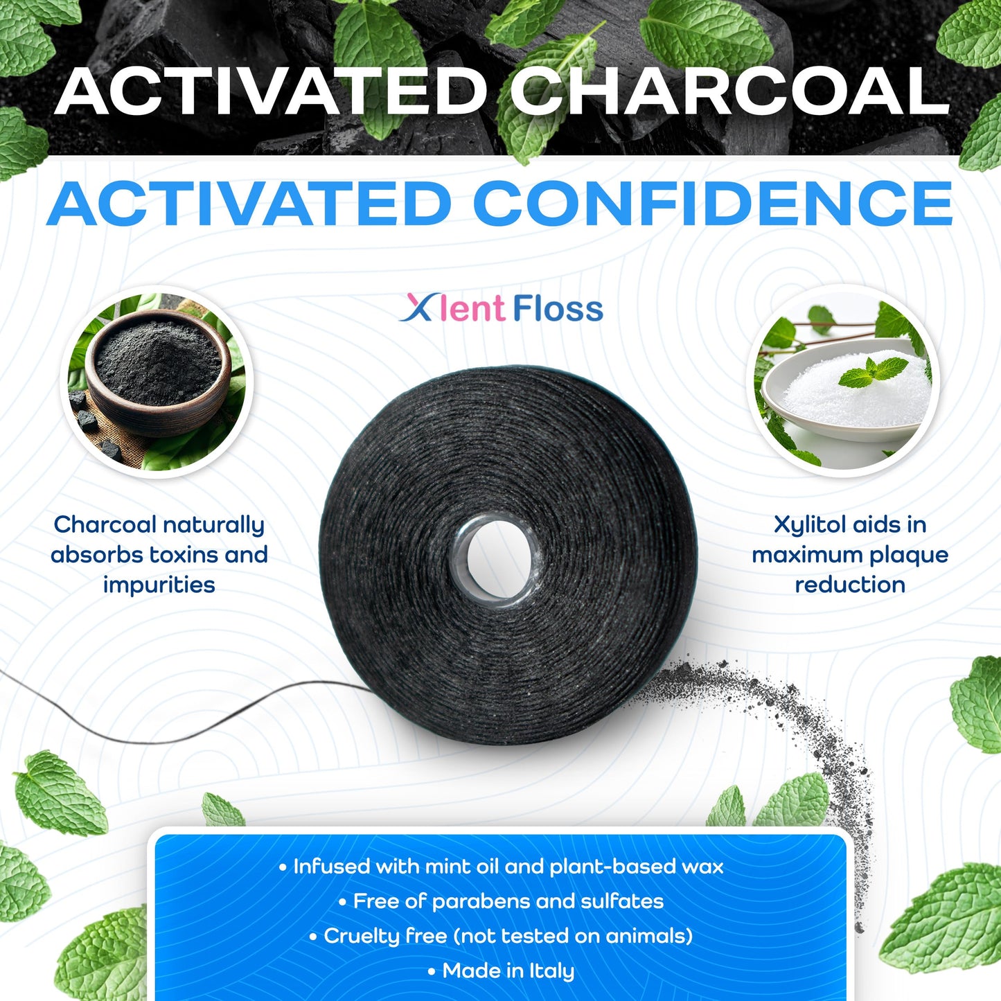Expandable Charcoal Dental Floss with Xylitol & Mint – PFAS/PTFE Free | Pack of 2 (50 m each)