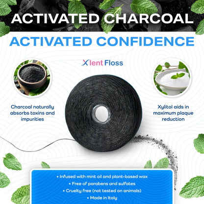 Expandable Charcoal Dental Floss with Xylitol & Mint – PFAS/PTFE Free | Pack of 2 (50 m each)