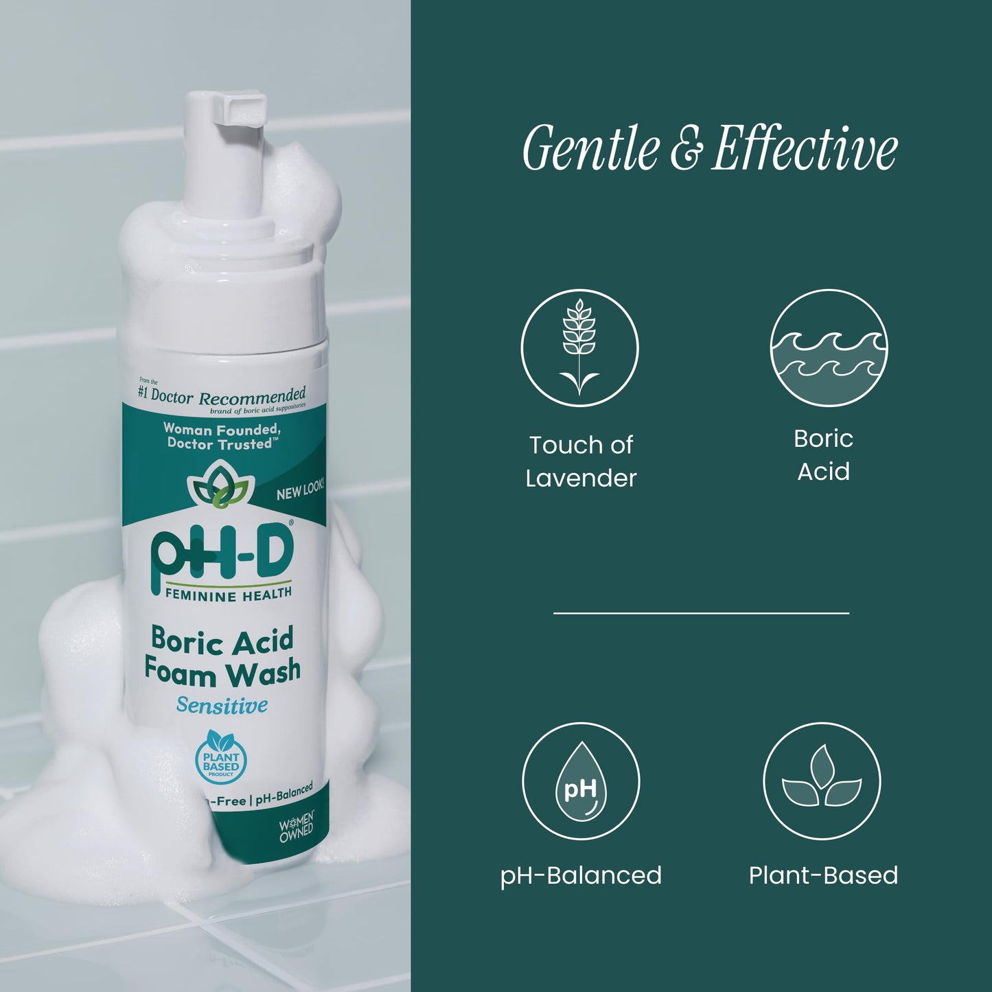 pH-D Feminine Health Boric Acid Foam Wash – pH-Balanced, Plant-Based, Paraben-Free (2x6 oz)