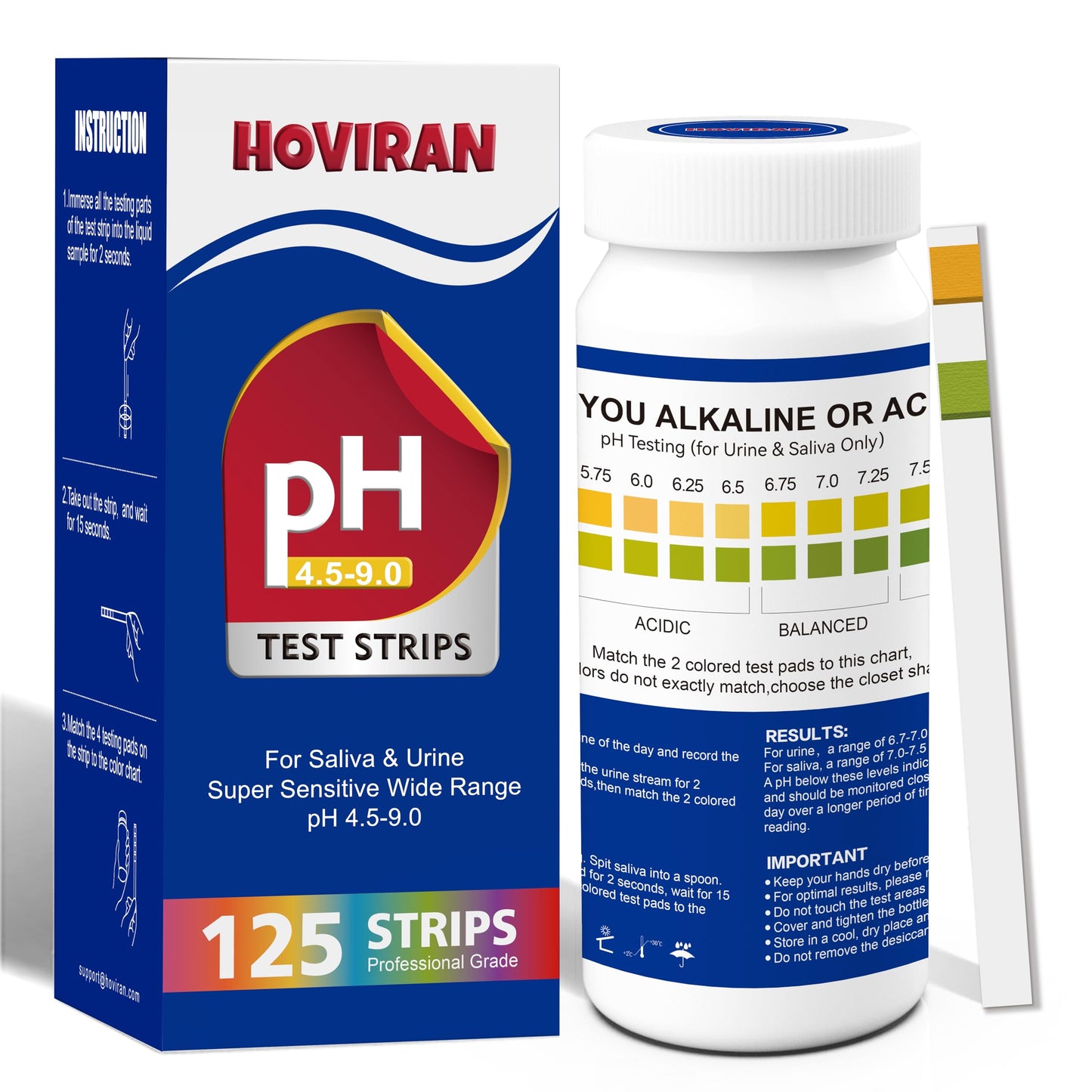 pH Test Strips for Saliva & Urine - 125 Strips, pH 4.5-9.0
